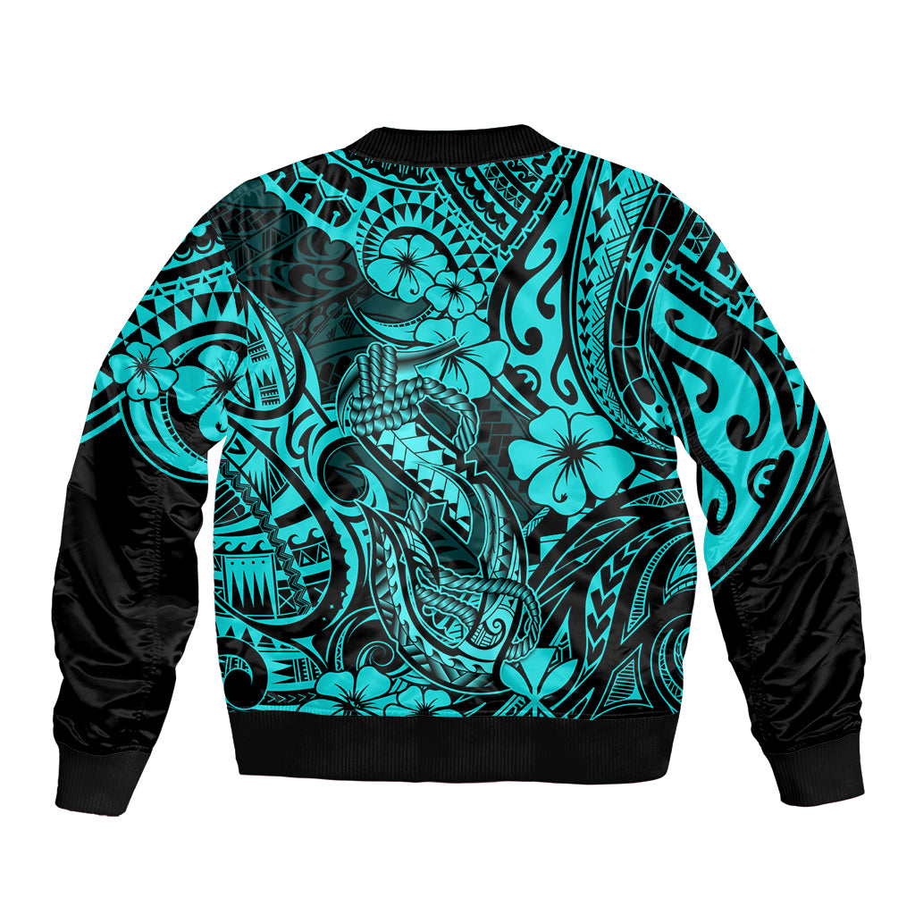 Hawaii Fish Hook Sleeve Zip Bomber Jacket Hibiscus Hawaii Tribal Tattoo Turquoise Version - Wonder Print Shop