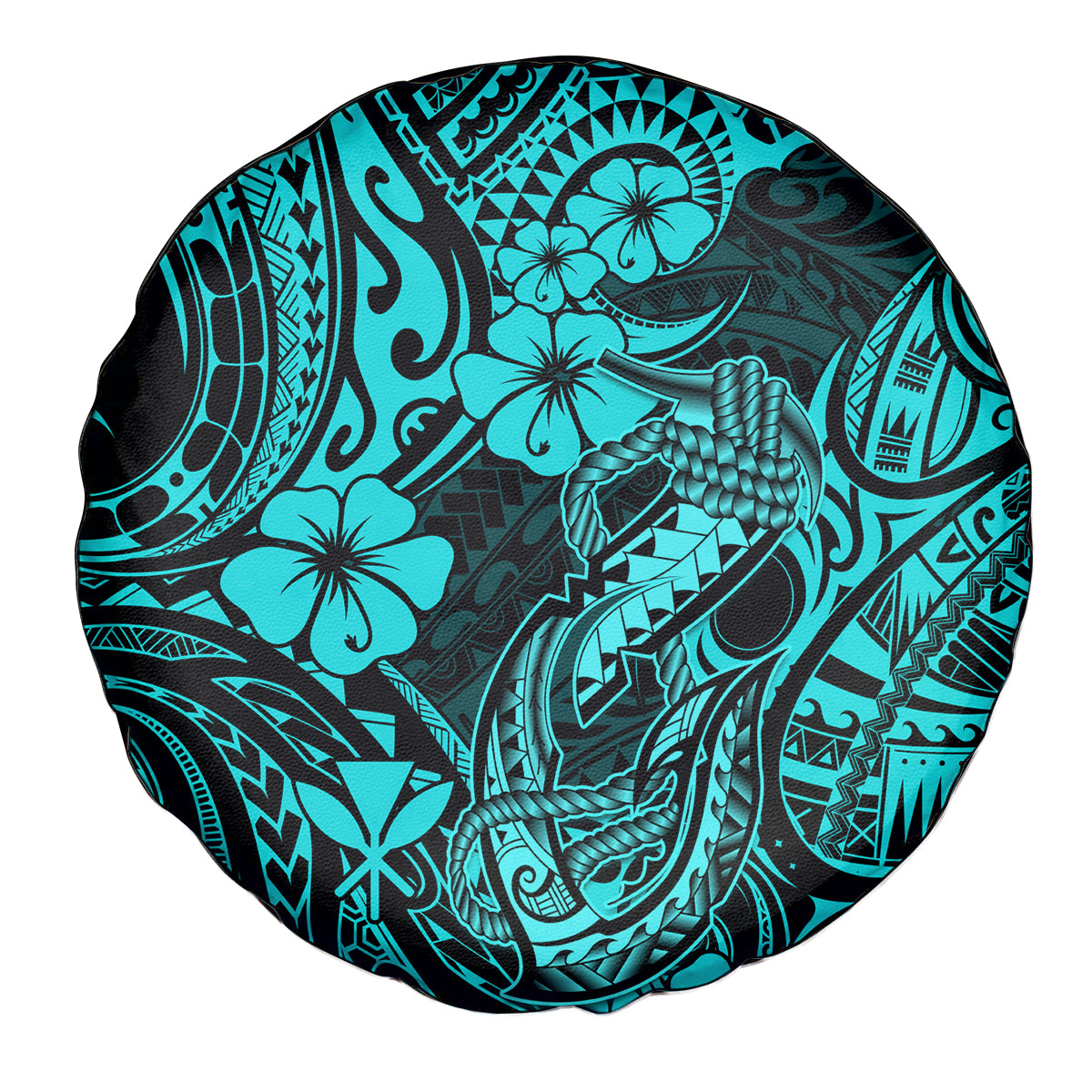 Hawaii Fish Hook Spare Tire Cover Hibiscus Hawaii Tribal Tattoo Turquoise Version - Wonder Print Shop