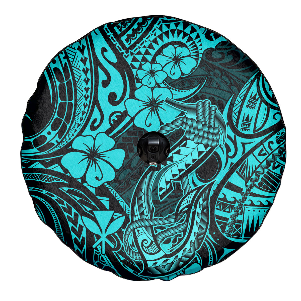 Hawaii Fish Hook Spare Tire Cover Hibiscus Hawaii Tribal Tattoo Turquoise Version - Wonder Print Shop