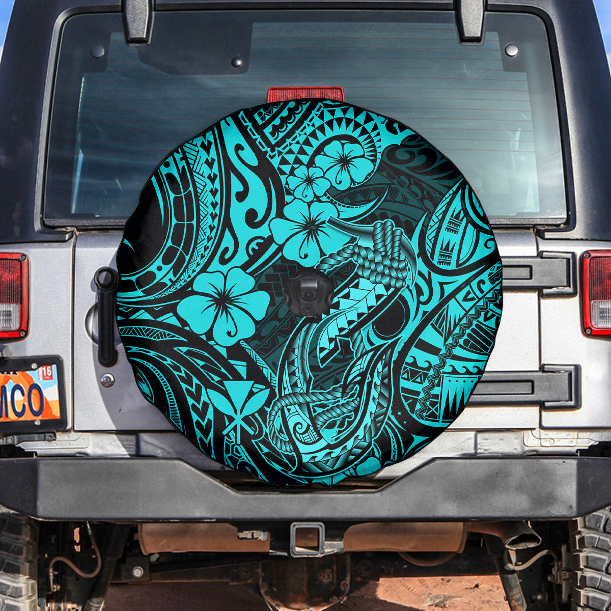 Hawaii Fish Hook Spare Tire Cover Hibiscus Hawaii Tribal Tattoo Turquoise Version - Wonder Print Shop