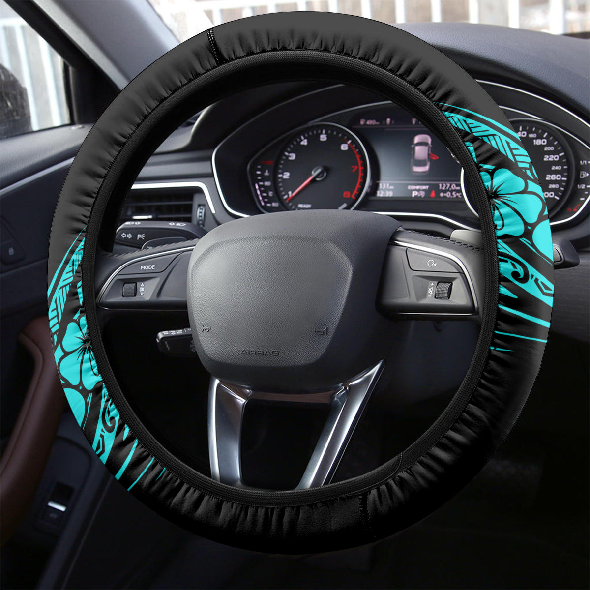 Hawaii Fish Hook Steering Wheel Cover Hibiscus Hawaii Tribal Tattoo Turquoise Version - Wonder Print Shop