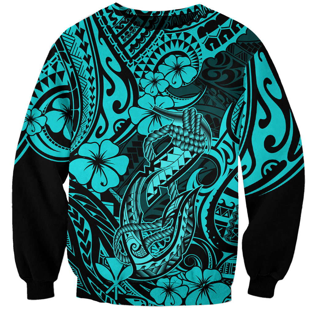 Hawaii Fish Hook Sweatshirt Hibiscus Hawaii Tribal Tattoo Turquoise Version - Wonder Print Shop