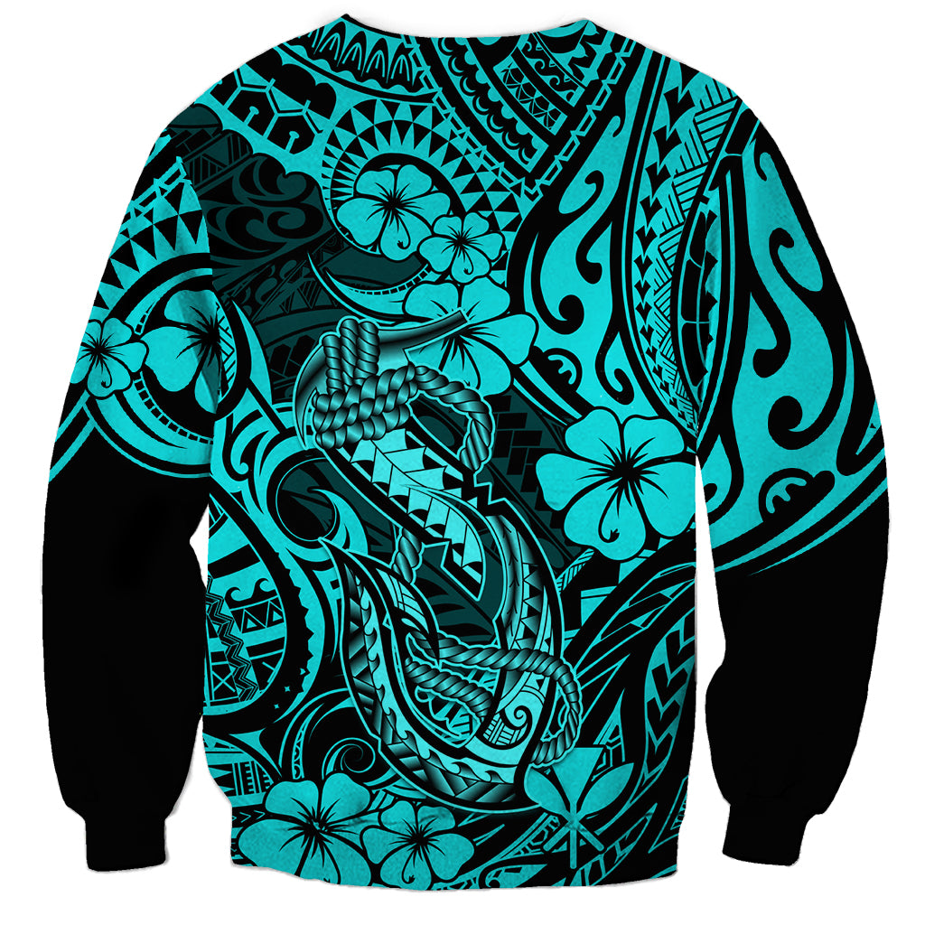 Hawaii Fish Hook Sweatshirt Hibiscus Hawaii Tribal Tattoo Turquoise Version - Wonder Print Shop