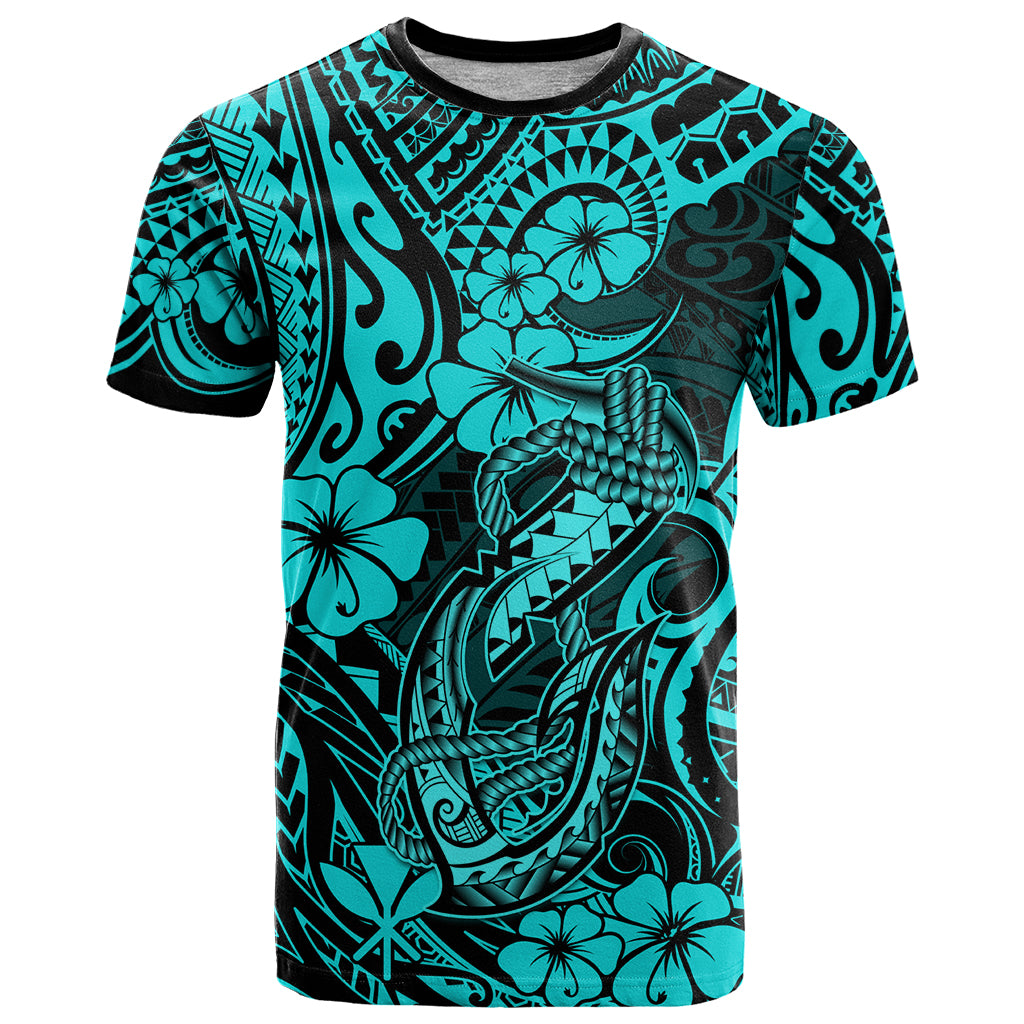 Hawaii Fish Hook T Shirt Hibiscus Hawaii Tribal Tattoo Turquoise Version - Wonder Print Shop