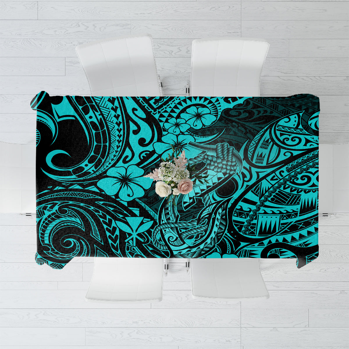 Hawaii Fish Hook Tablecloth Hibiscus Hawaii Tribal Tattoo Turquoise Version - Wonder Print Shop