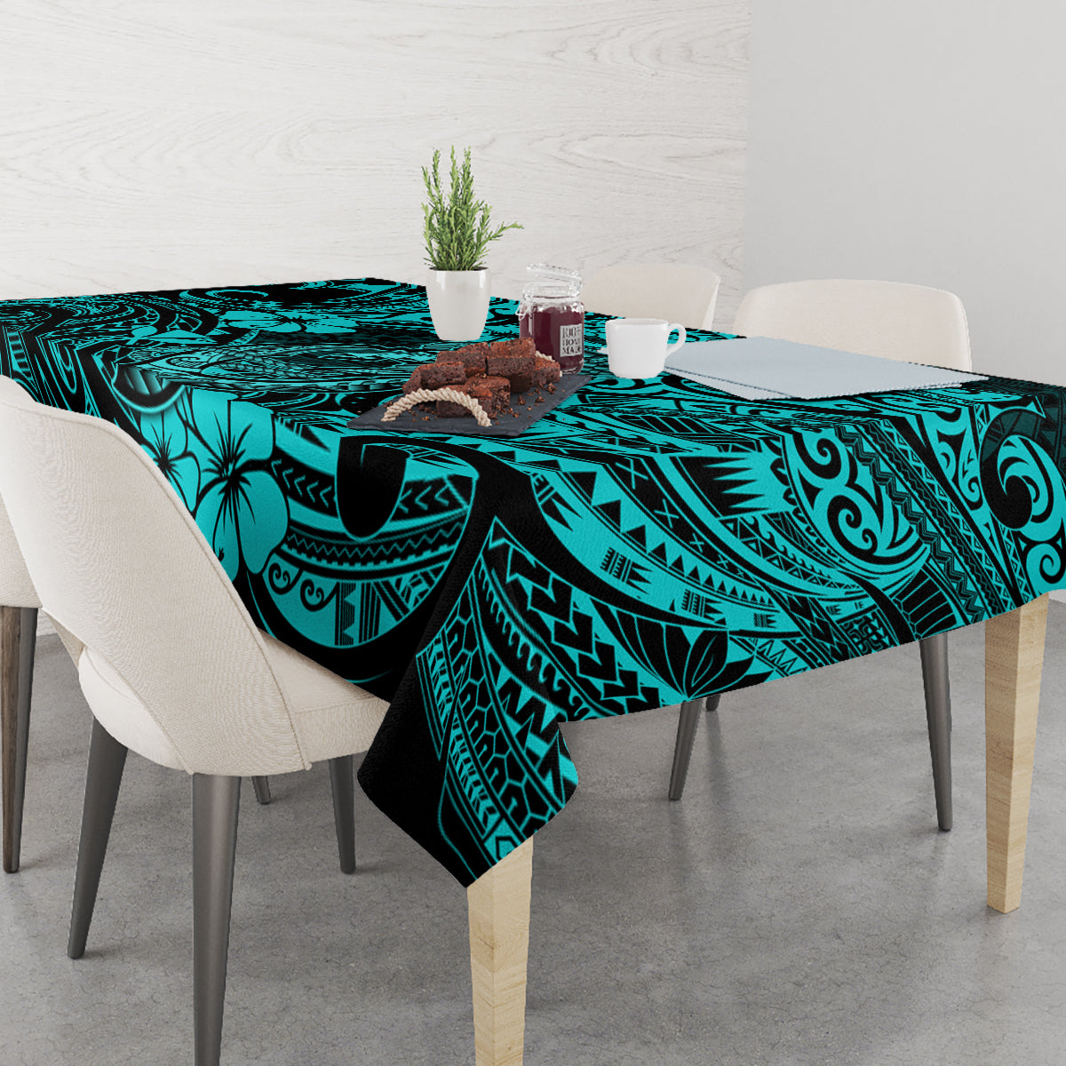 Hawaii Fish Hook Tablecloth Hibiscus Hawaii Tribal Tattoo Turquoise Version - Wonder Print Shop