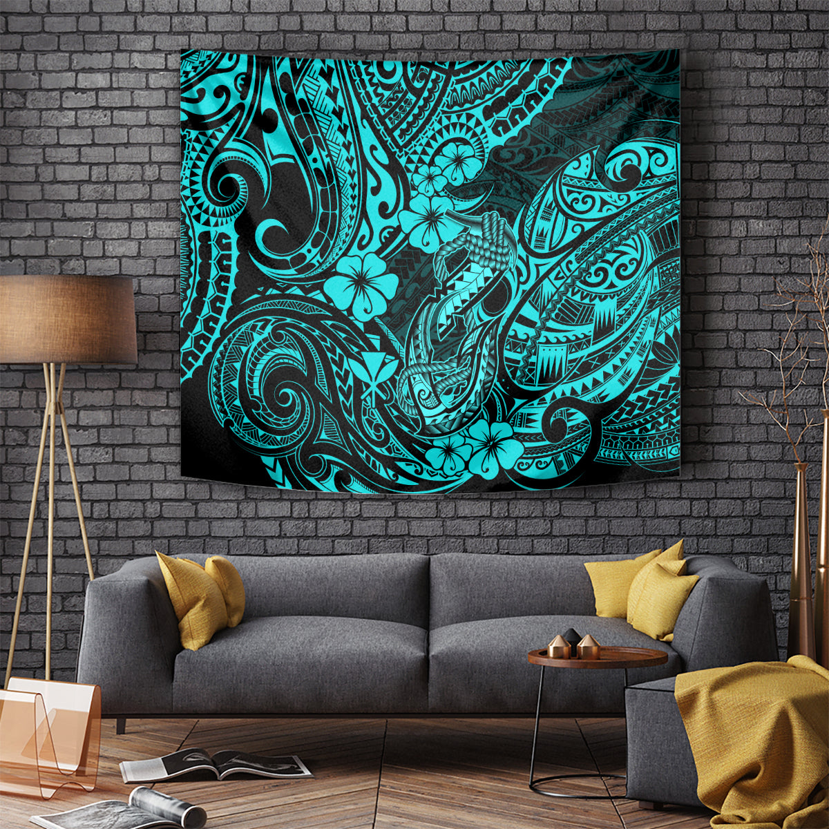 Hawaii Fish Hook Tapestry Hibiscus Hawaii Tribal Tattoo Turquoise Version - Wonder Print Shop