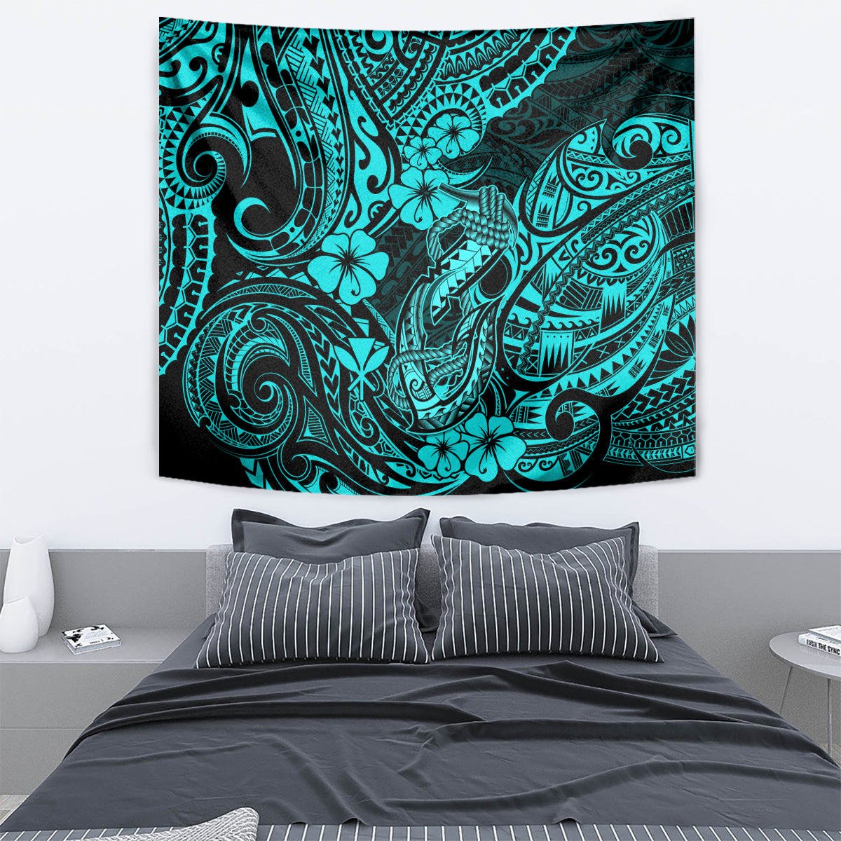 Hawaii Fish Hook Tapestry Hibiscus Hawaii Tribal Tattoo Turquoise Version - Wonder Print Shop