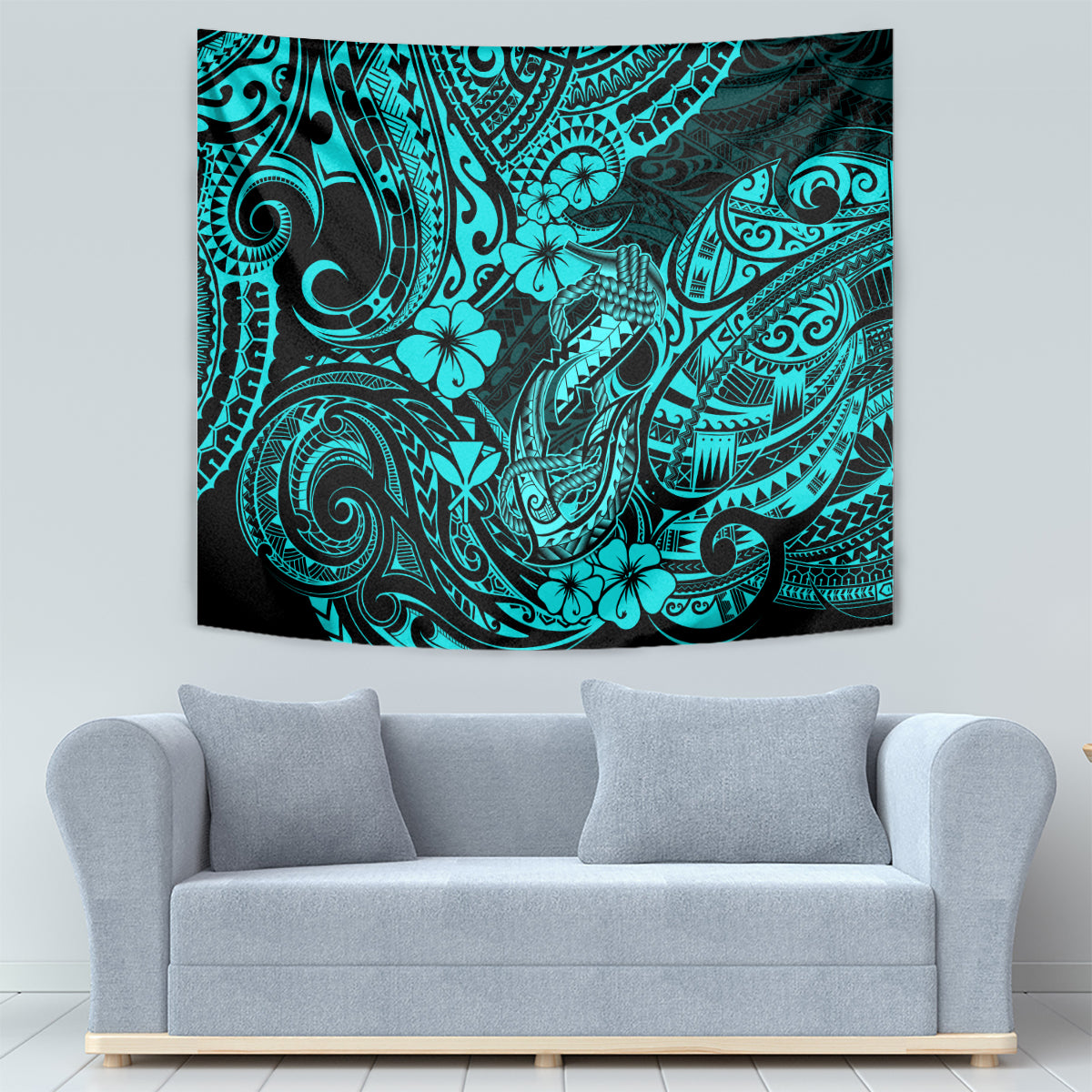 Hawaii Fish Hook Tapestry Hibiscus Hawaii Tribal Tattoo Turquoise Version - Wonder Print Shop