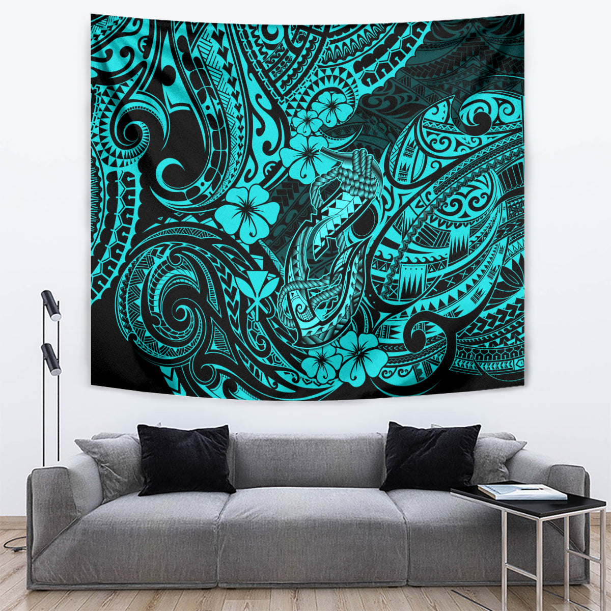 Hawaii Fish Hook Tapestry Hibiscus Hawaii Tribal Tattoo Turquoise Version - Wonder Print Shop