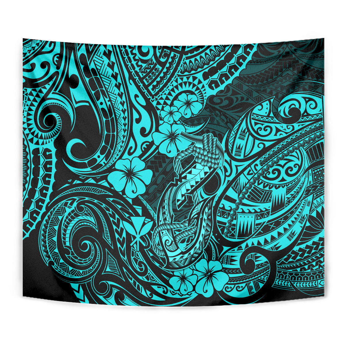 Hawaii Fish Hook Tapestry Hibiscus Hawaii Tribal Tattoo Turquoise Version - Wonder Print Shop