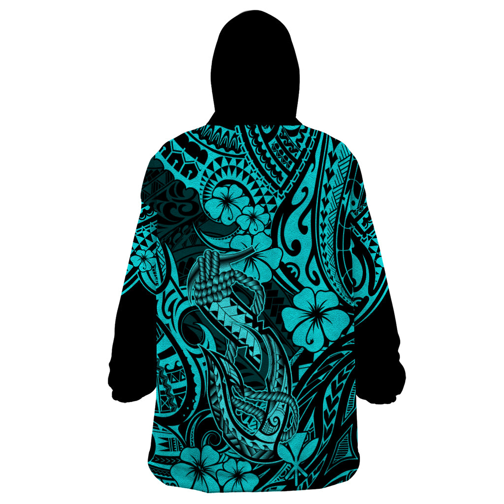 Hawaii Fish Hook Wearable Blanket Hoodie Hibiscus Hawaii Tribal Tattoo Turquoise Version - Wonder Print Shop