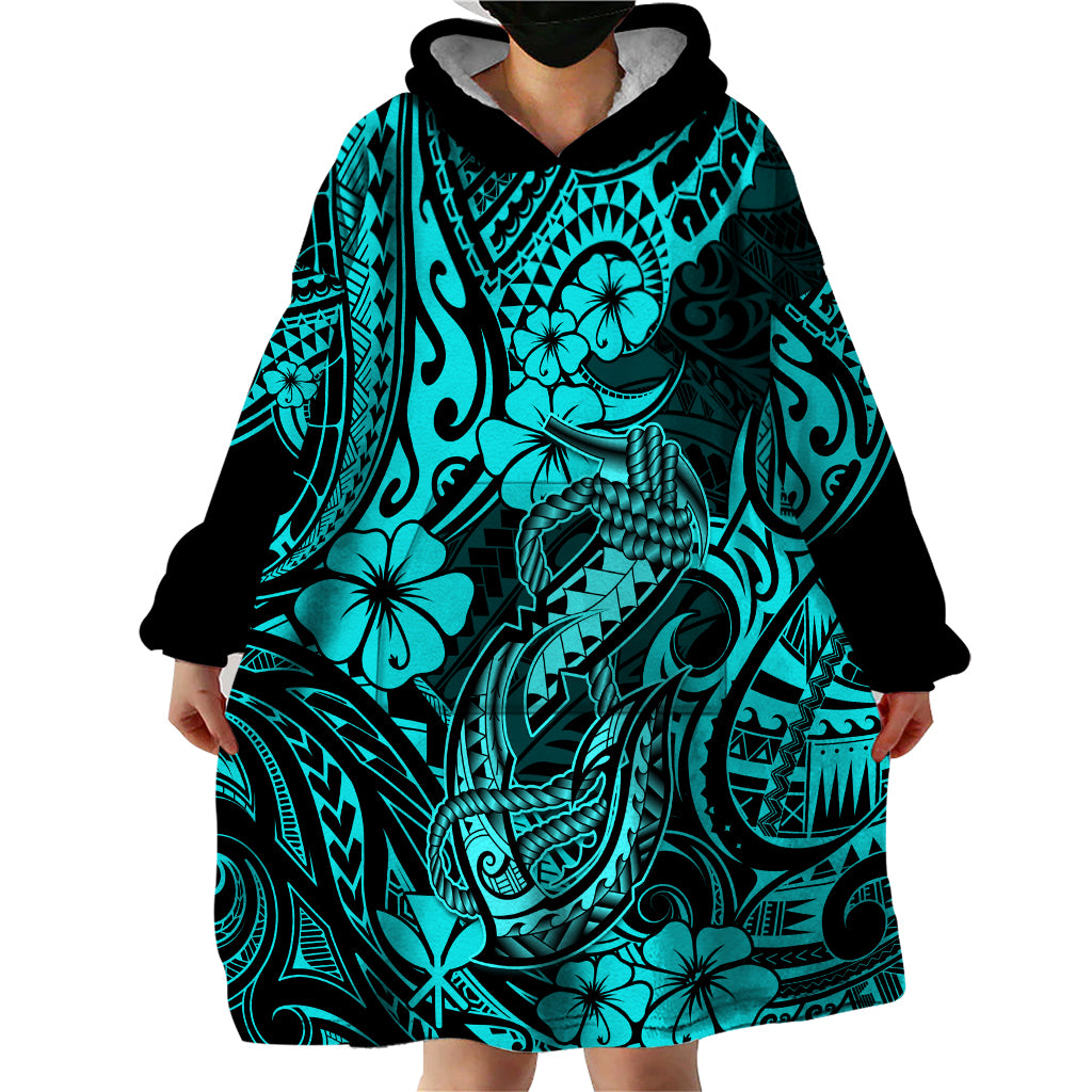 Hawaii Fish Hook Wearable Blanket Hoodie Hibiscus Hawaii Tribal Tattoo Turquoise Version - Wonder Print Shop