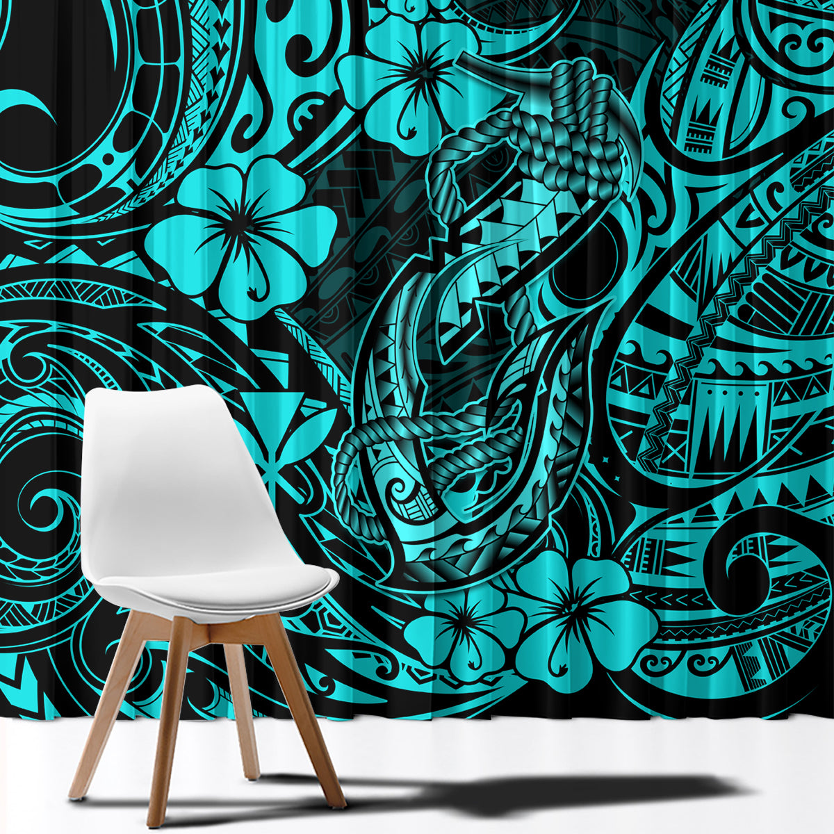 Hawaii Fish Hook Window Curtain Hibiscus Hawaii Tribal Tattoo Turquoise Version - Wonder Print Shop