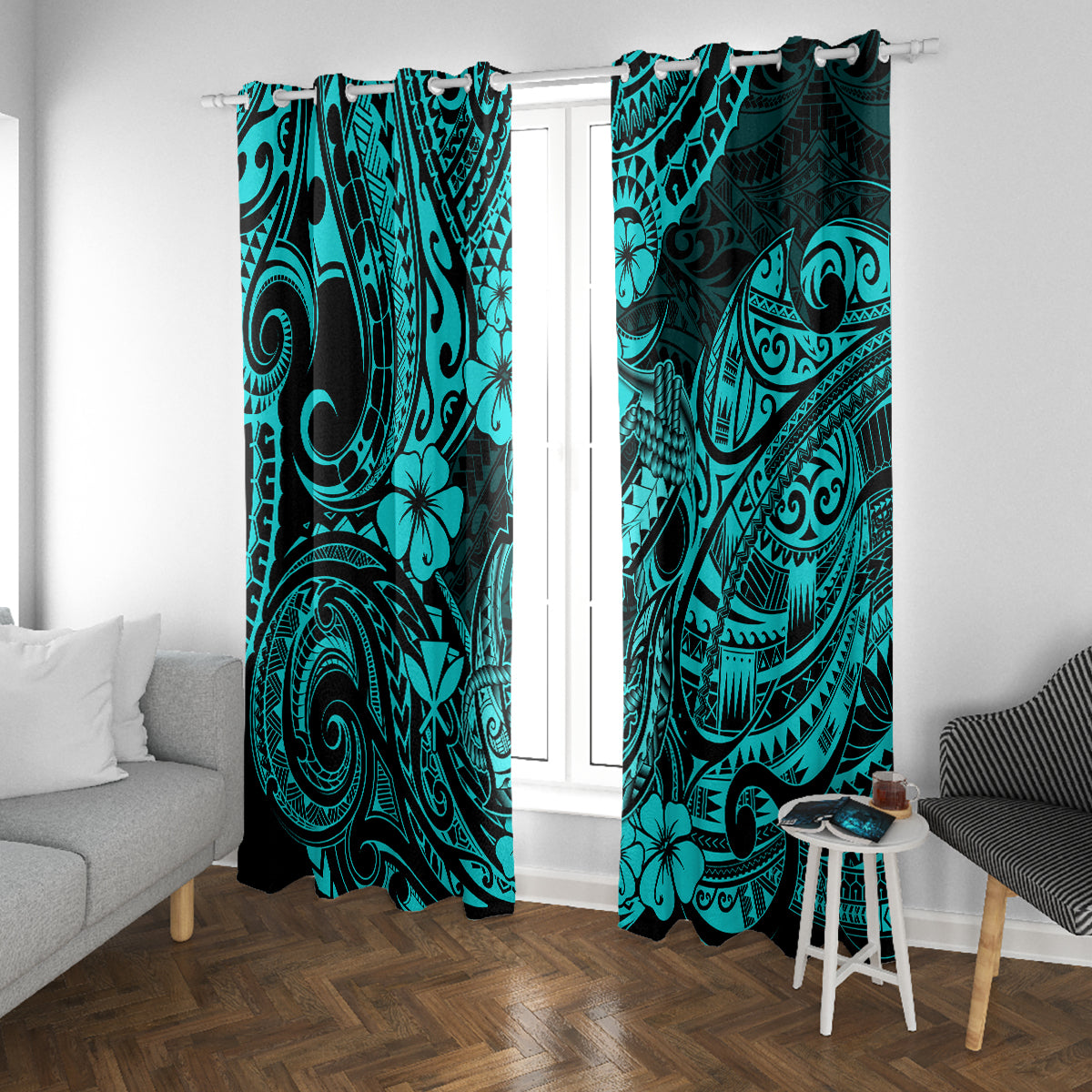 Hawaii Fish Hook Window Curtain Hibiscus Hawaii Tribal Tattoo Turquoise Version - Wonder Print Shop