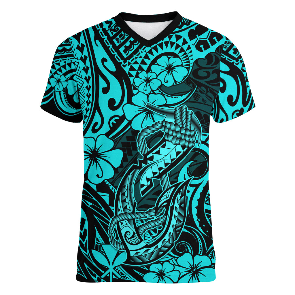 Hawaii Fish Hook Women V Neck T Shirt Hibiscus Hawaii Tribal Tattoo Turquoise Version - Wonder Print Shop