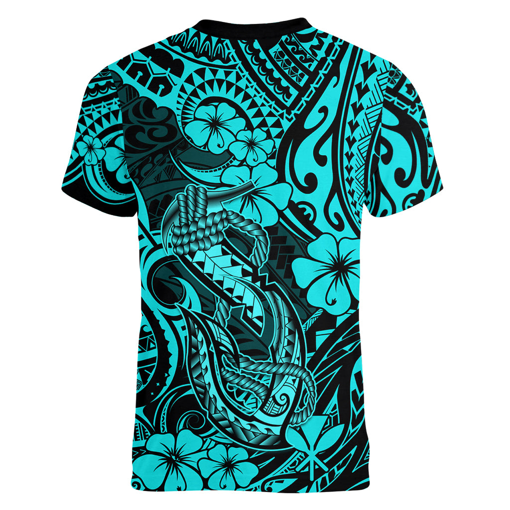 Hawaii Fish Hook Women V Neck T Shirt Hibiscus Hawaii Tribal Tattoo Turquoise Version - Wonder Print Shop