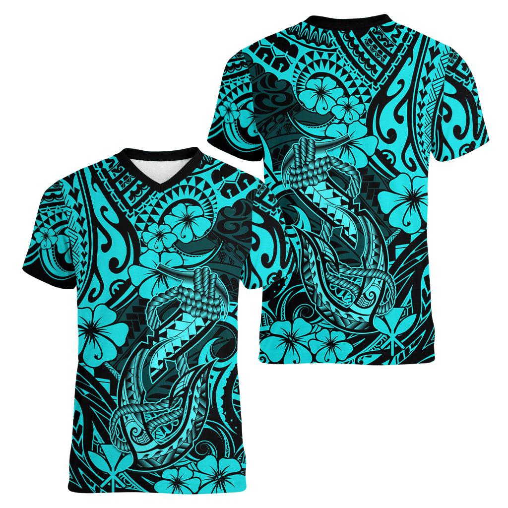 Hawaii Fish Hook Women V Neck T Shirt Hibiscus Hawaii Tribal Tattoo Turquoise Version - Wonder Print Shop