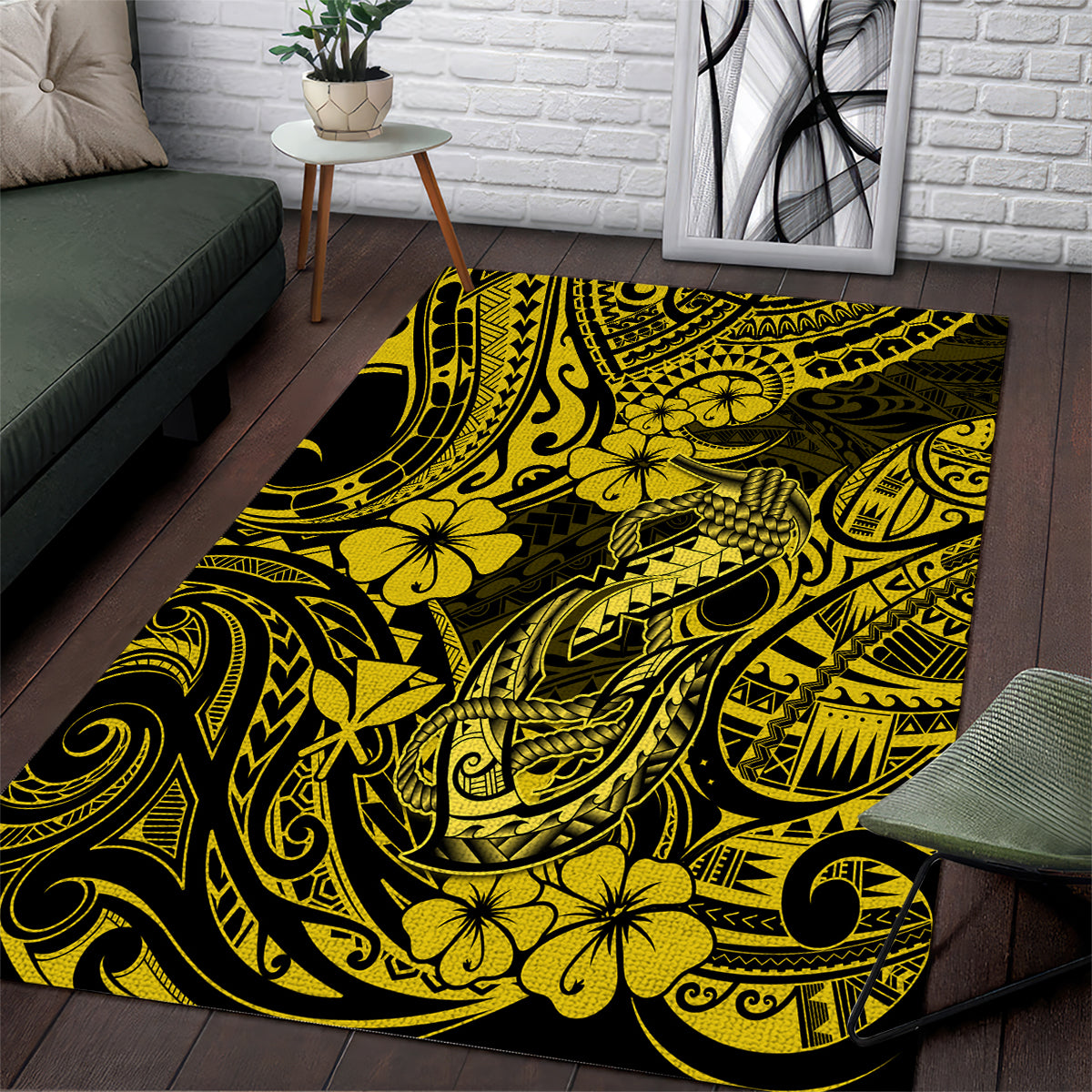 Hawaii Fish Hook Area Rug Hibiscus Hawaii Tribal Tattoo Yellow Version - Wonder Print Shop