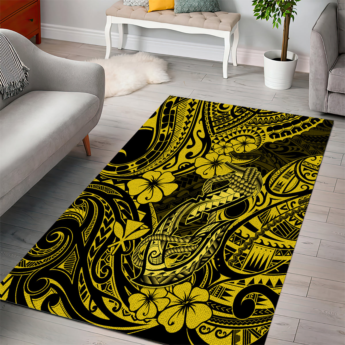 Hawaii Fish Hook Area Rug Hibiscus Hawaii Tribal Tattoo Yellow Version - Wonder Print Shop