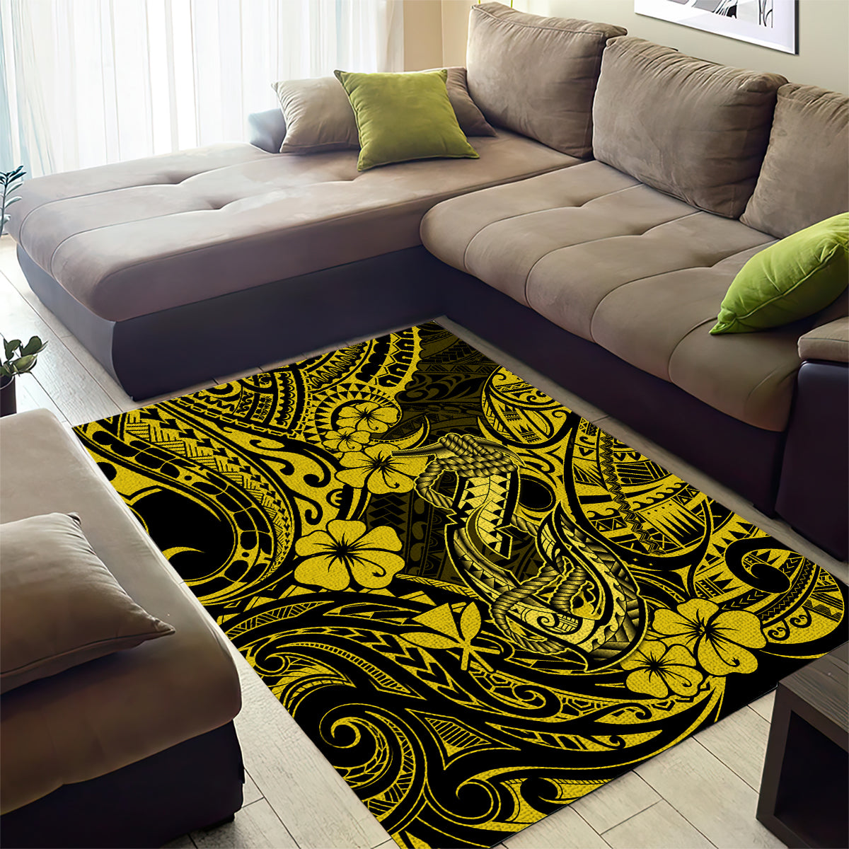 Hawaii Fish Hook Area Rug Hibiscus Hawaii Tribal Tattoo Yellow Version - Wonder Print Shop