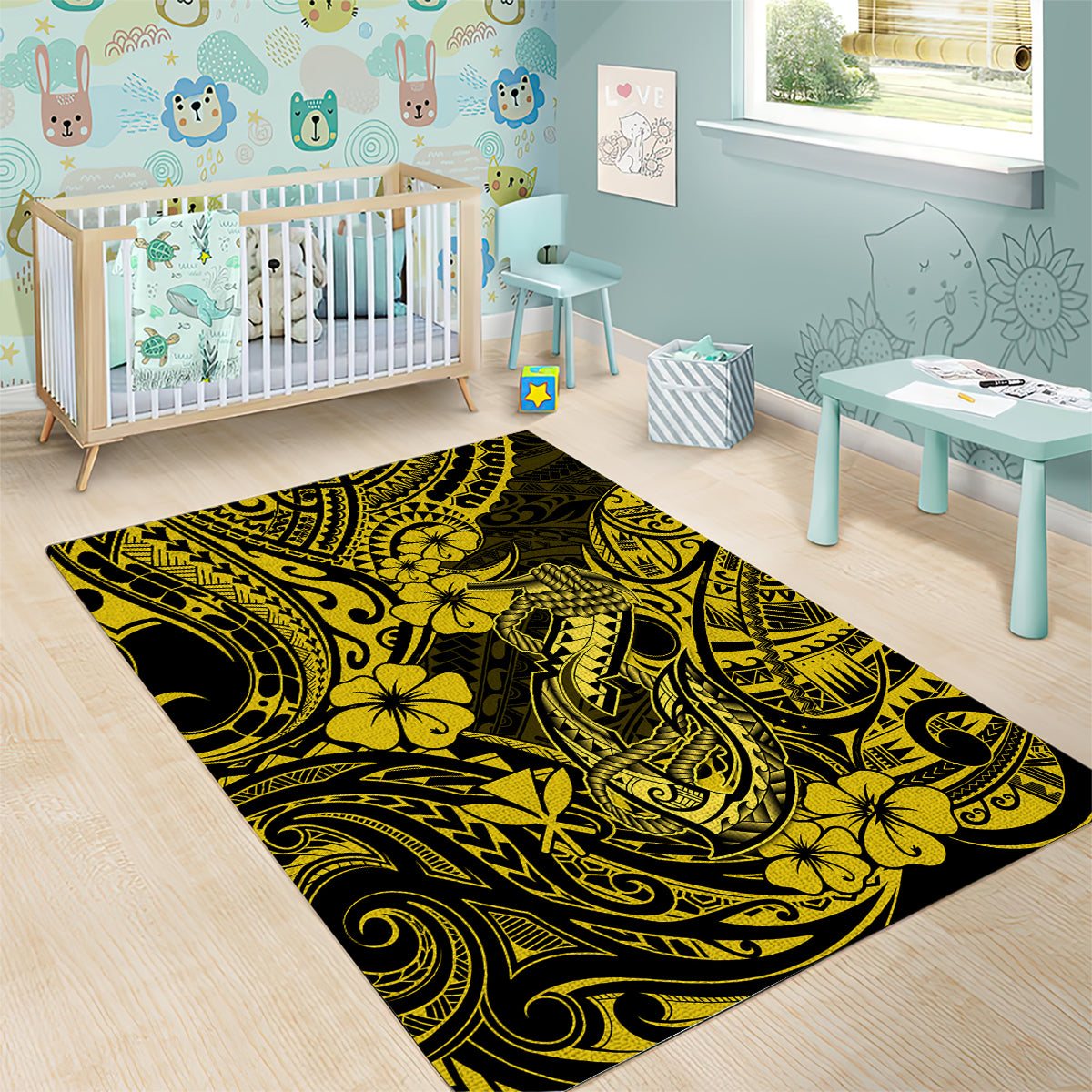 Hawaii Fish Hook Area Rug Hibiscus Hawaii Tribal Tattoo Yellow Version - Wonder Print Shop
