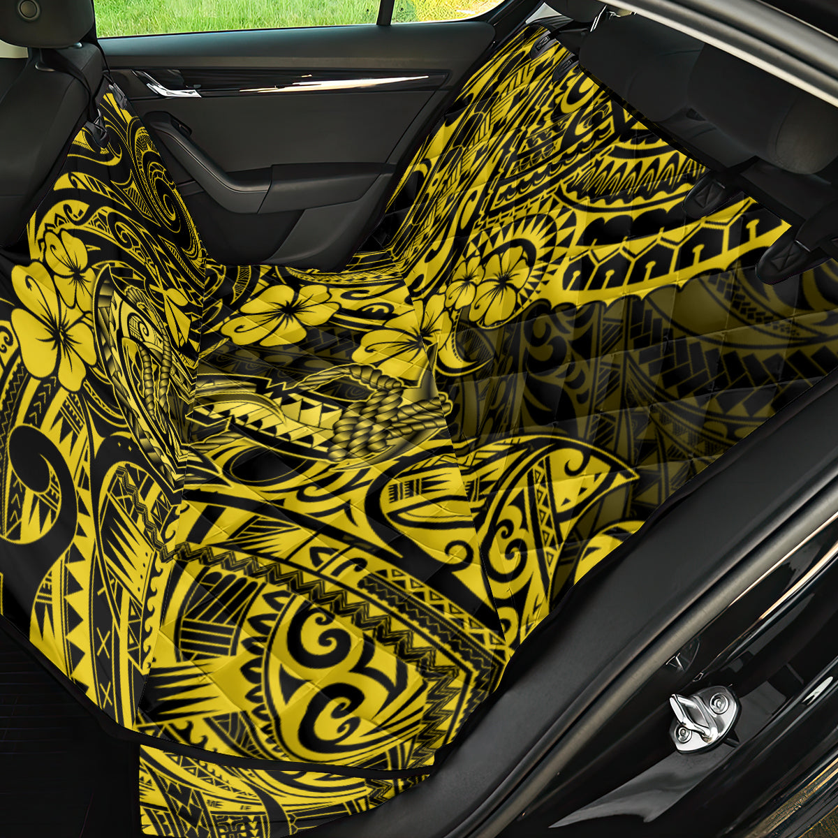 Hawaii Fish Hook Back Car Seat Cover Hibiscus Hawaii Tribal Tattoo Yellow Version - Wonder Print Shop