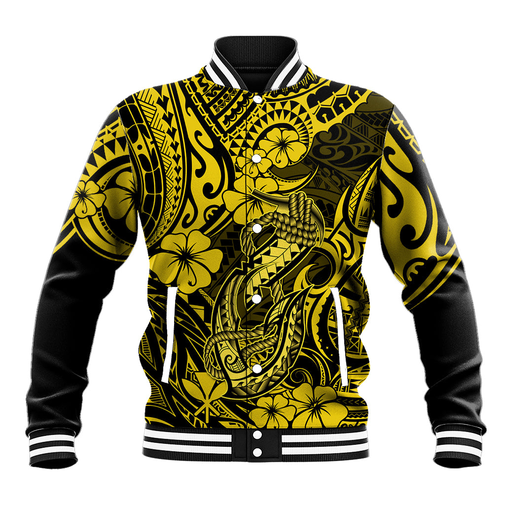 Hawaii Fish Hook Baseball Jacket Hibiscus Hawaii Tribal Tattoo Yellow Version - Wonder Print Shop