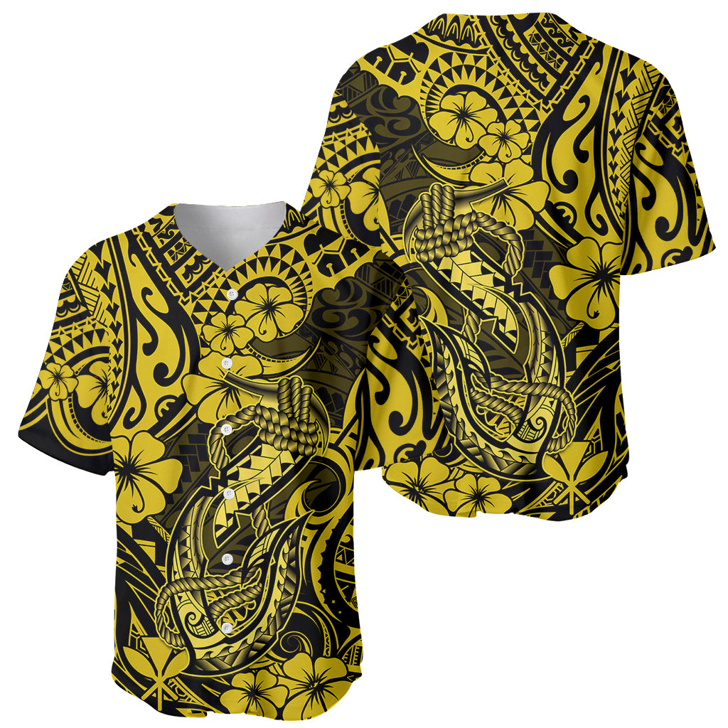 Hawaii Fish Hook Baseball Jersey Hibiscus Hawaii Tribal Tattoo Yellow Version - Wonder Print Shop