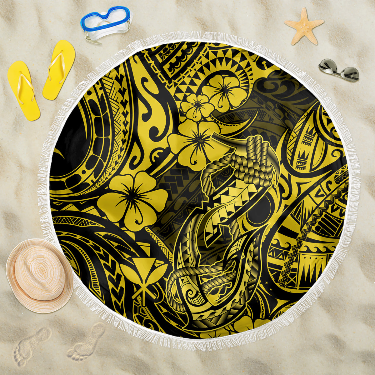 Hawaii Fish Hook Beach Blanket Hibiscus Hawaii Tribal Tattoo Yellow Version - Wonder Print Shop