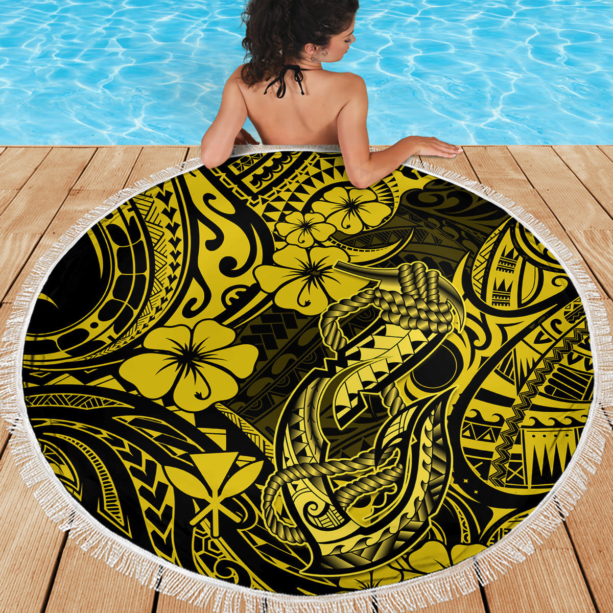 Hawaii Fish Hook Beach Blanket Hibiscus Hawaii Tribal Tattoo Yellow Version - Wonder Print Shop