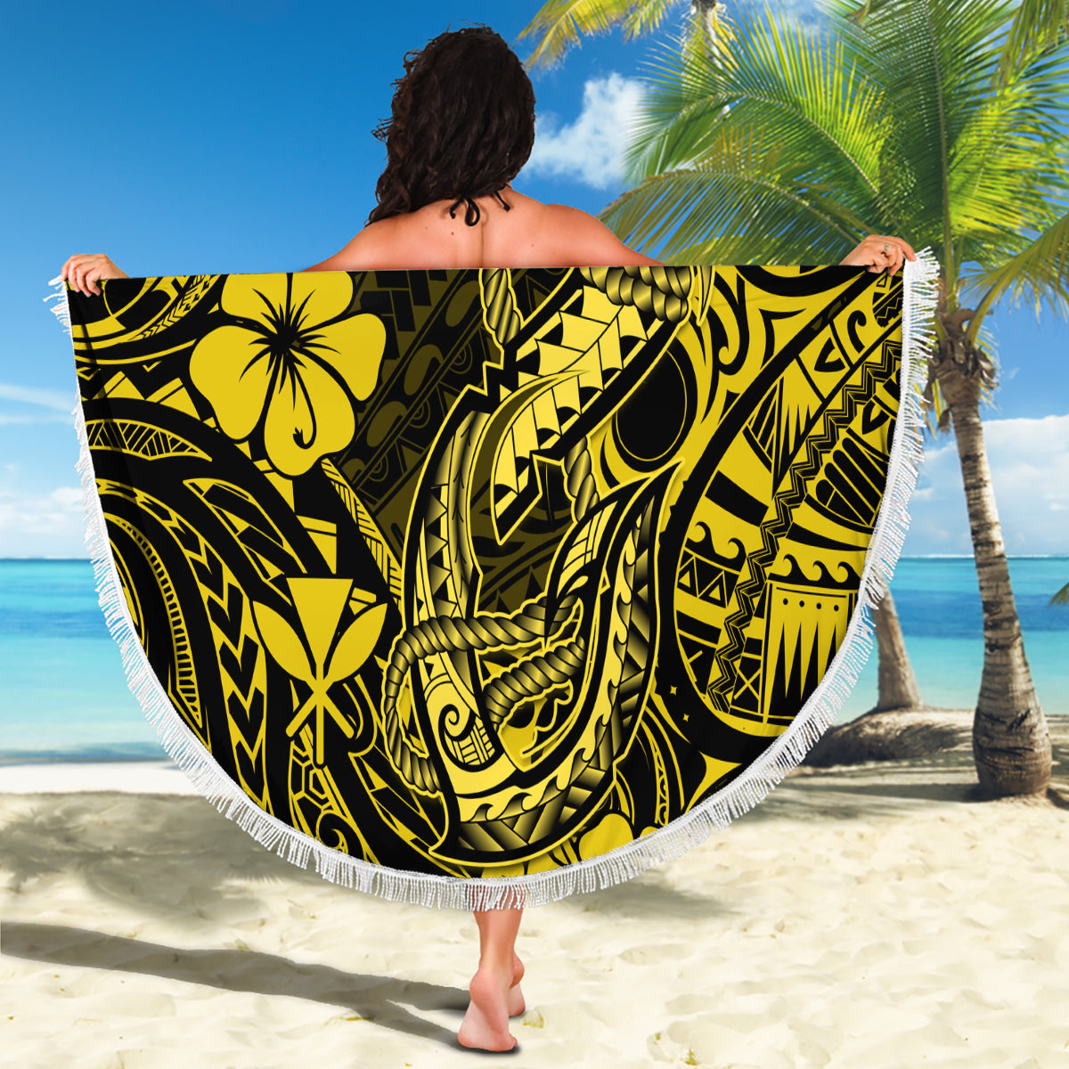 Hawaii Fish Hook Beach Blanket Hibiscus Hawaii Tribal Tattoo Yellow Version - Wonder Print Shop