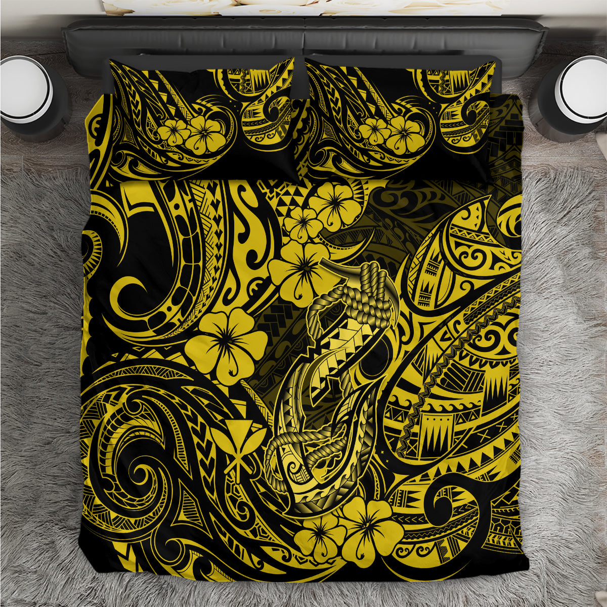 Hawaii Fish Hook Bedding Set Hibiscus Hawaii Tribal Tattoo Yellow Version - Wonder Print Shop