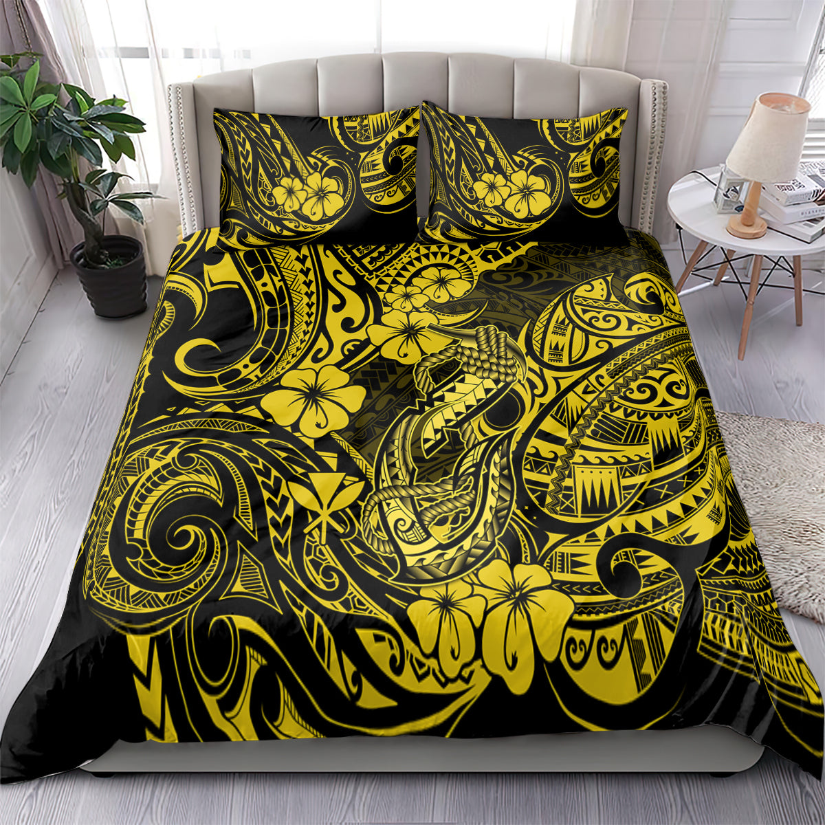 Hawaii Fish Hook Bedding Set Hibiscus Hawaii Tribal Tattoo Yellow Version - Wonder Print Shop