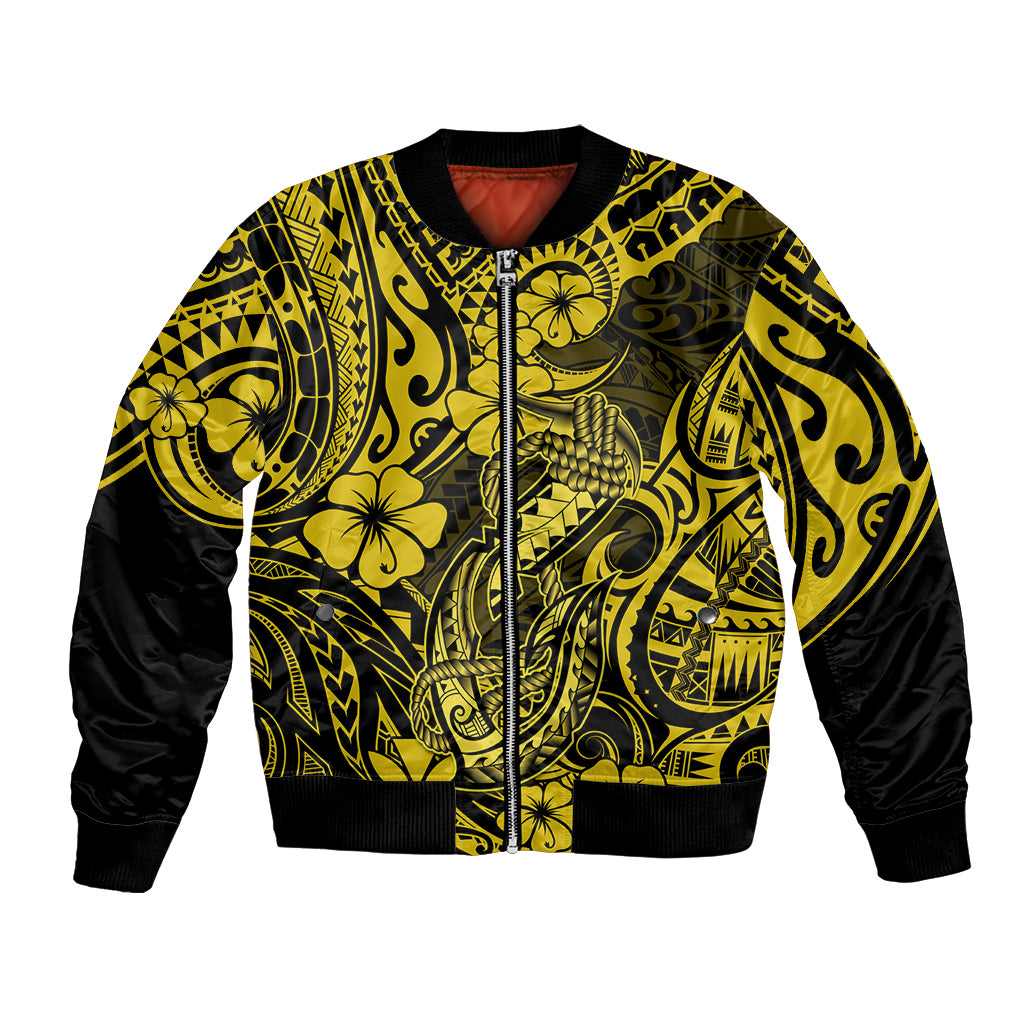 Hawaii Fish Hook Bomber Jacket Hibiscus Hawaii Tribal Tattoo Yellow Version - Wonder Print Shop