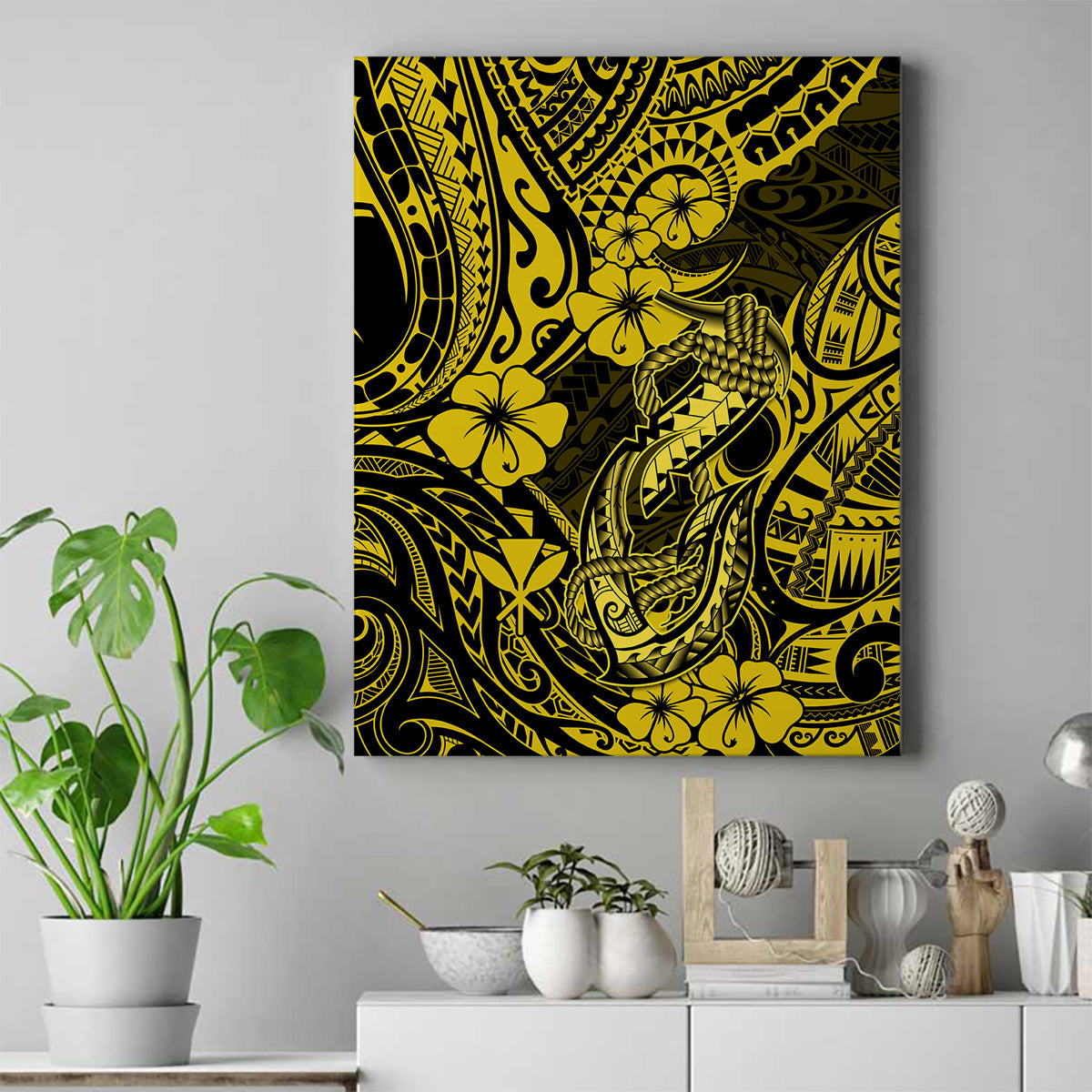 Hawaii Fish Hook Canvas Wall Art Hibiscus Hawaii Tribal Tattoo Yellow Version - Wonder Print Shop