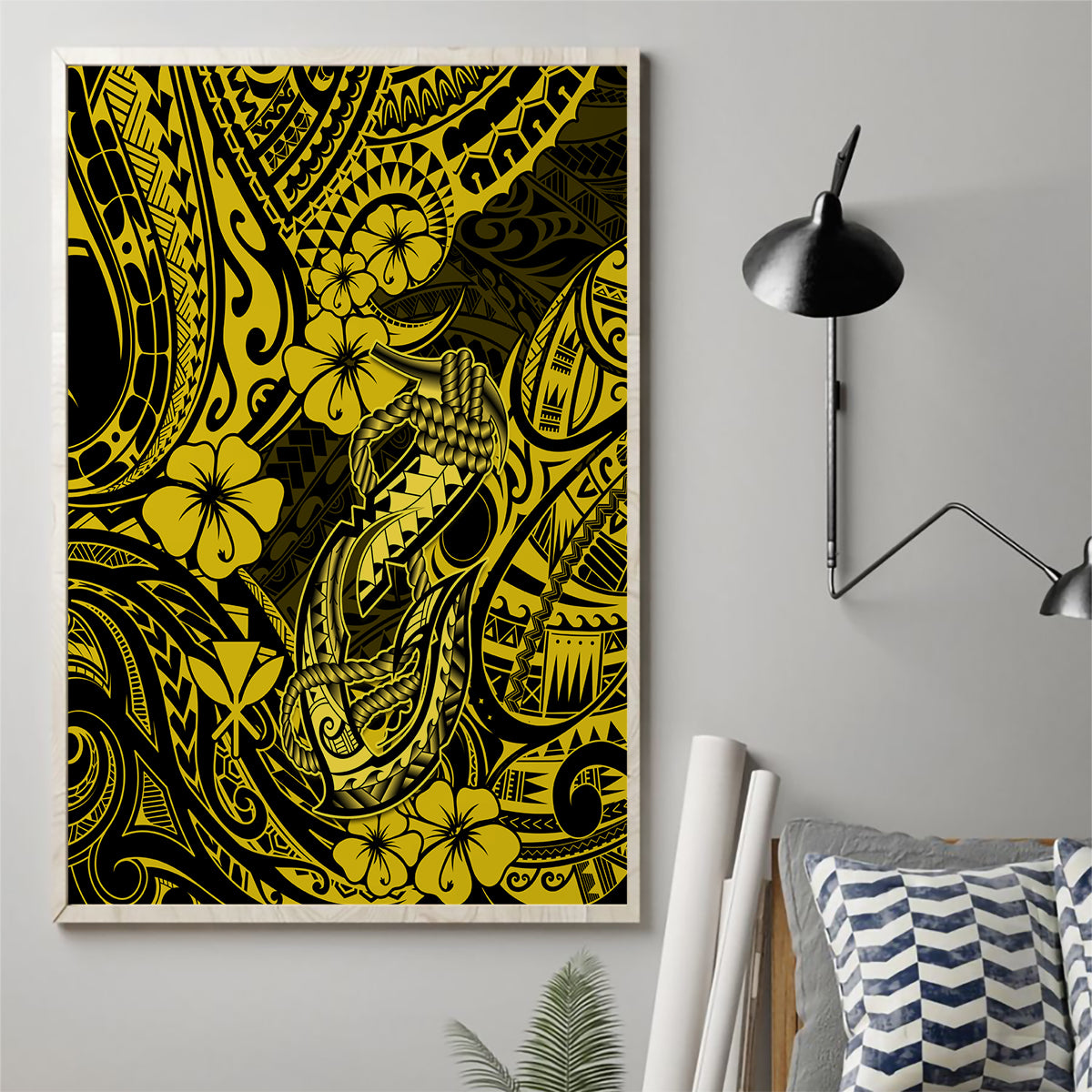 Hawaii Fish Hook Canvas Wall Art Hibiscus Hawaii Tribal Tattoo Yellow Version - Wonder Print Shop
