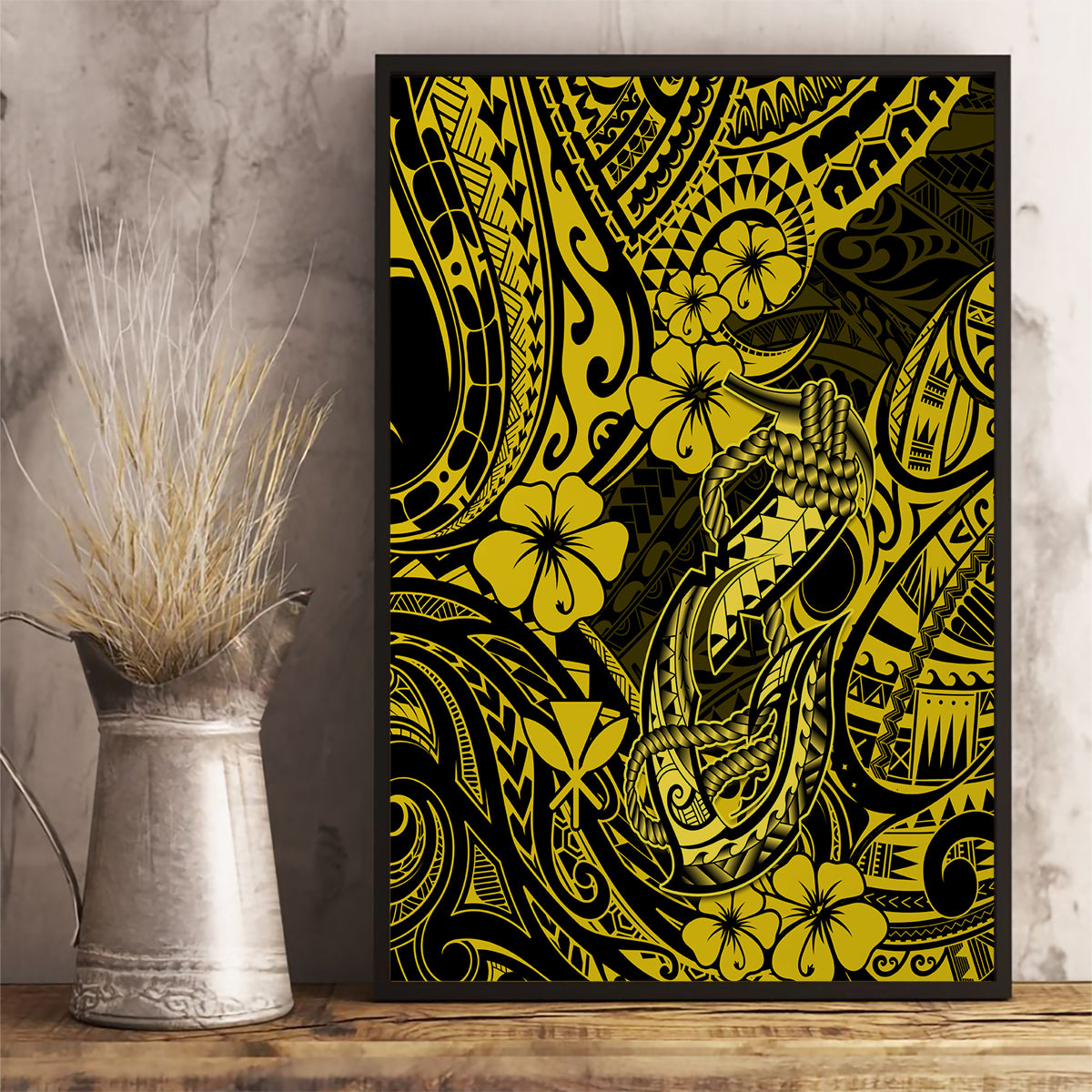 Hawaii Fish Hook Canvas Wall Art Hibiscus Hawaii Tribal Tattoo Yellow Version - Wonder Print Shop