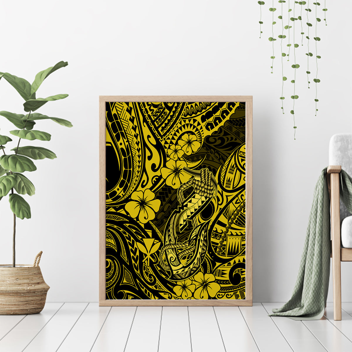 Hawaii Fish Hook Canvas Wall Art Hibiscus Hawaii Tribal Tattoo Yellow Version - Wonder Print Shop