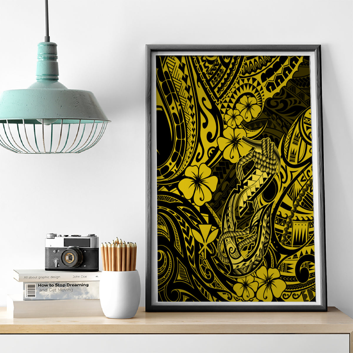 Hawaii Fish Hook Canvas Wall Art Hibiscus Hawaii Tribal Tattoo Yellow Version - Wonder Print Shop