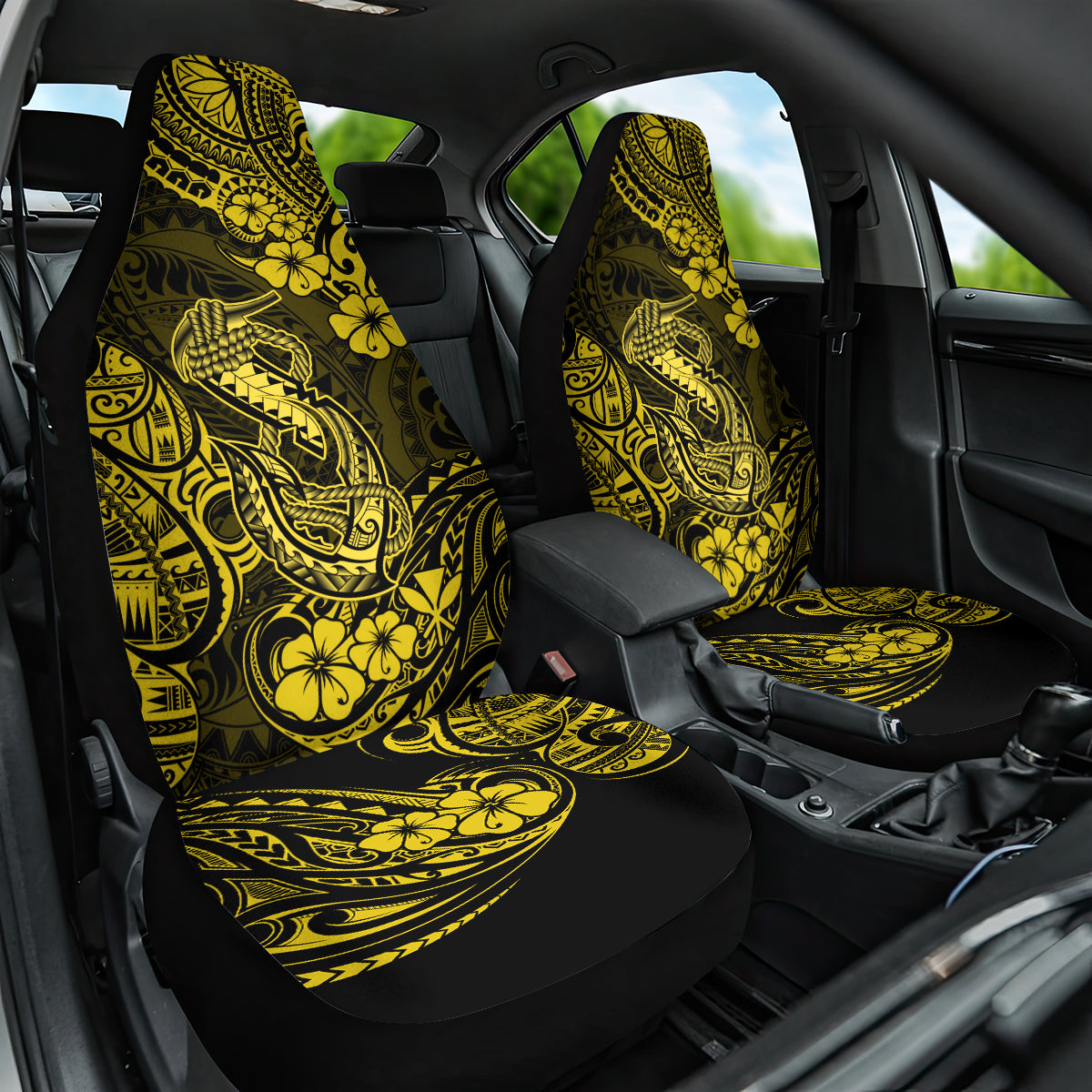 Hawaii Fish Hook Car Seat Cover Hibiscus Hawaii Tribal Tattoo Yellow Version - Wonder Print Shop
