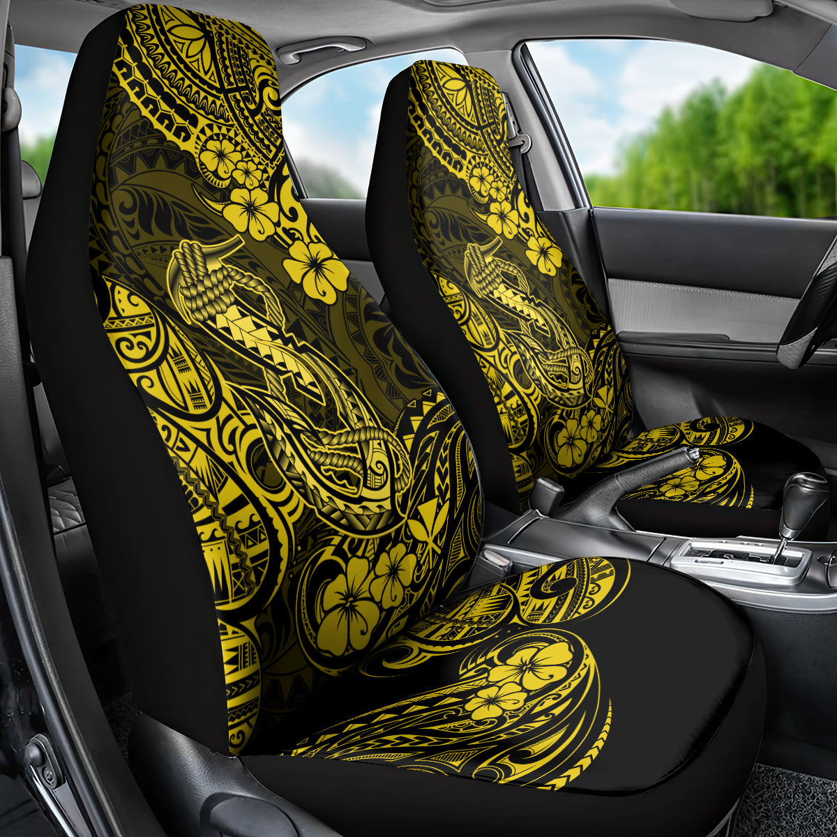 Hawaii Fish Hook Car Seat Cover Hibiscus Hawaii Tribal Tattoo Yellow Version - Wonder Print Shop