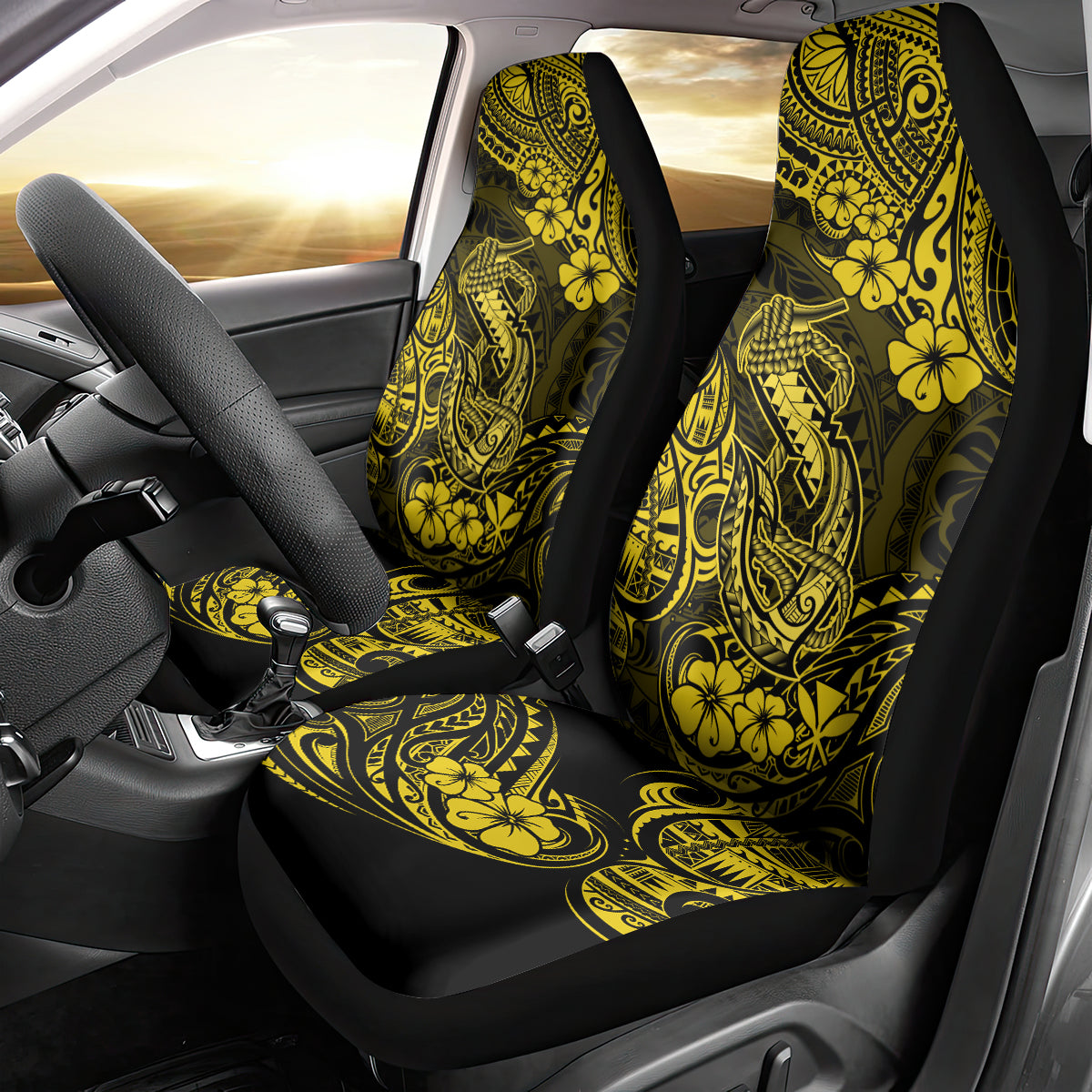 Hawaii Fish Hook Car Seat Cover Hibiscus Hawaii Tribal Tattoo Yellow Version - Wonder Print Shop
