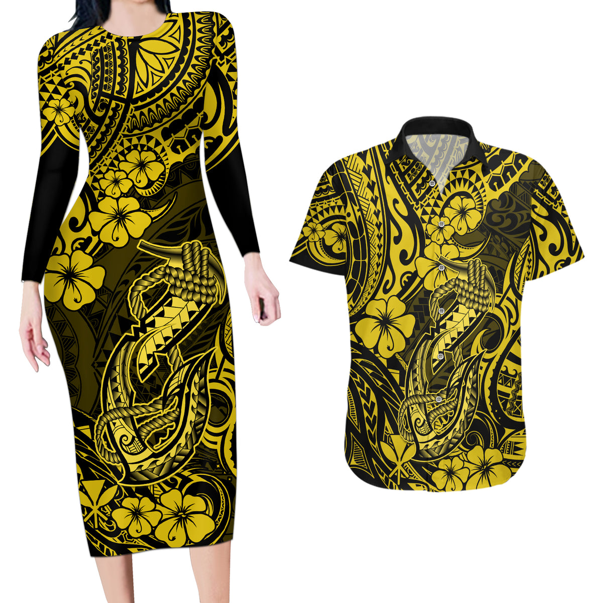 Hawaii Fish Hook Couples Matching Long Sleeve Bodycon Dress and Hawaiian Shirt Hibiscus Hawaii Tribal Tattoo Yellow Version - Wonder Print Shop