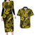 Hawaii Fish Hook Couples Matching Long Sleeve Bodycon Dress and Hawaiian Shirt Hibiscus Hawaii Tribal Tattoo Yellow Version - Wonder Print Shop