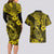 Hawaii Fish Hook Couples Matching Long Sleeve Bodycon Dress and Hawaiian Shirt Hibiscus Hawaii Tribal Tattoo Yellow Version - Wonder Print Shop
