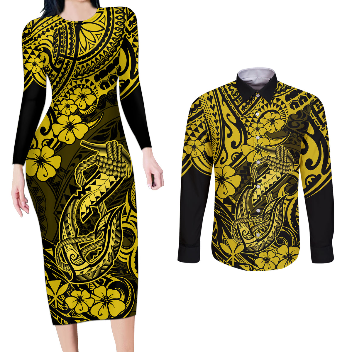 Hawaii Fish Hook Couples Matching Long Sleeve Bodycon Dress and Long Sleeve Button Shirts Hibiscus Hawaii Tribal Tattoo Yellow Version - Wonder Print Shop