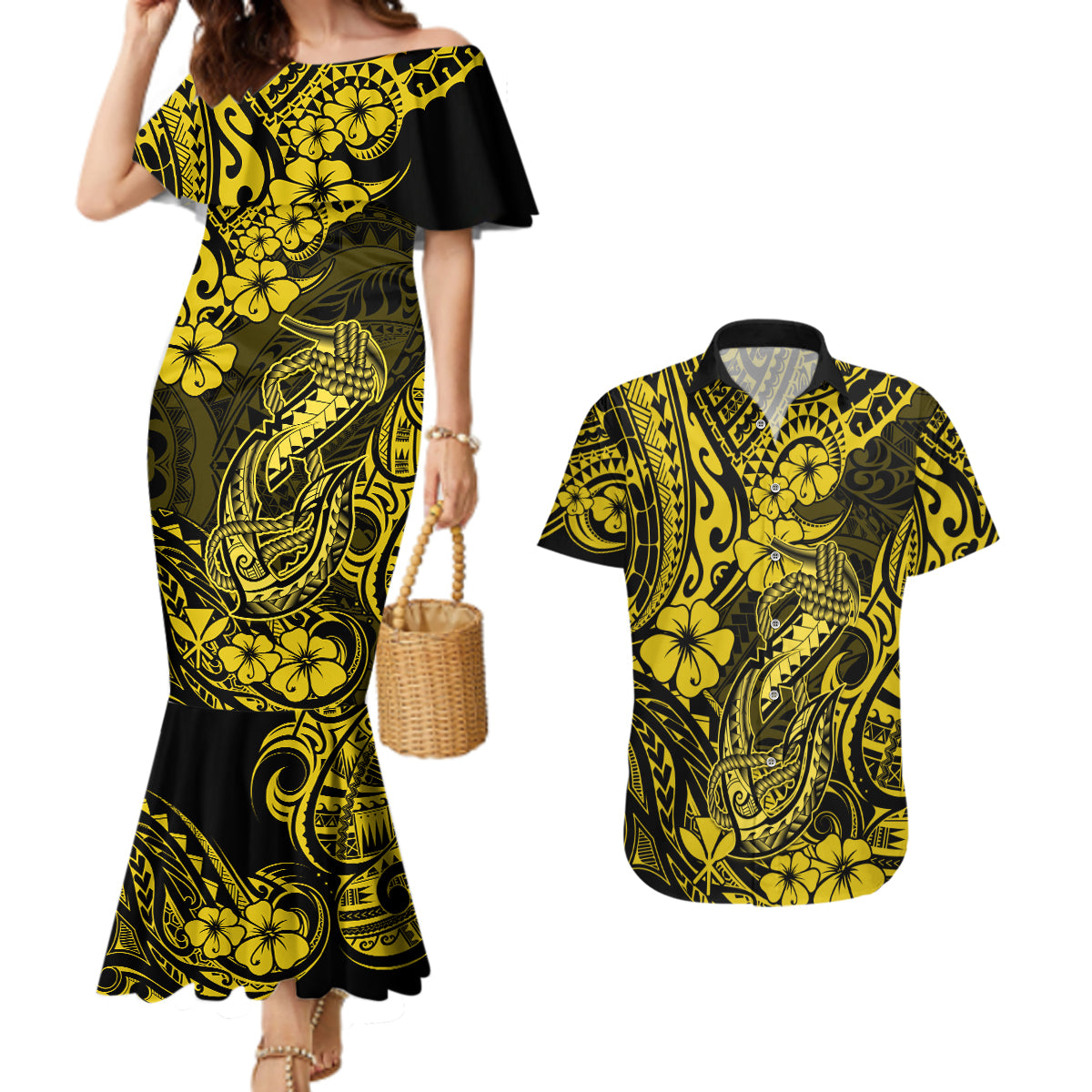 Hawaii Fish Hook Couples Matching Mermaid Dress and Hawaiian Shirt Hibiscus Hawaii Tribal Tattoo Yellow Version - Wonder Print Shop