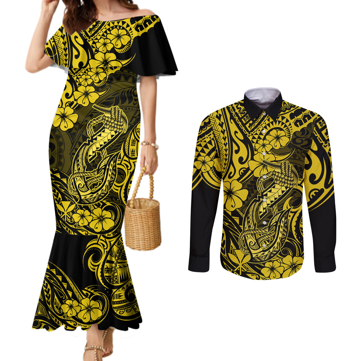 hawaii-fish-hook-couples-matching-mermaid-dress-and-long-sleeve-button-shirts-hibiscus-hawaii-tribal-tattoo-yellow-version