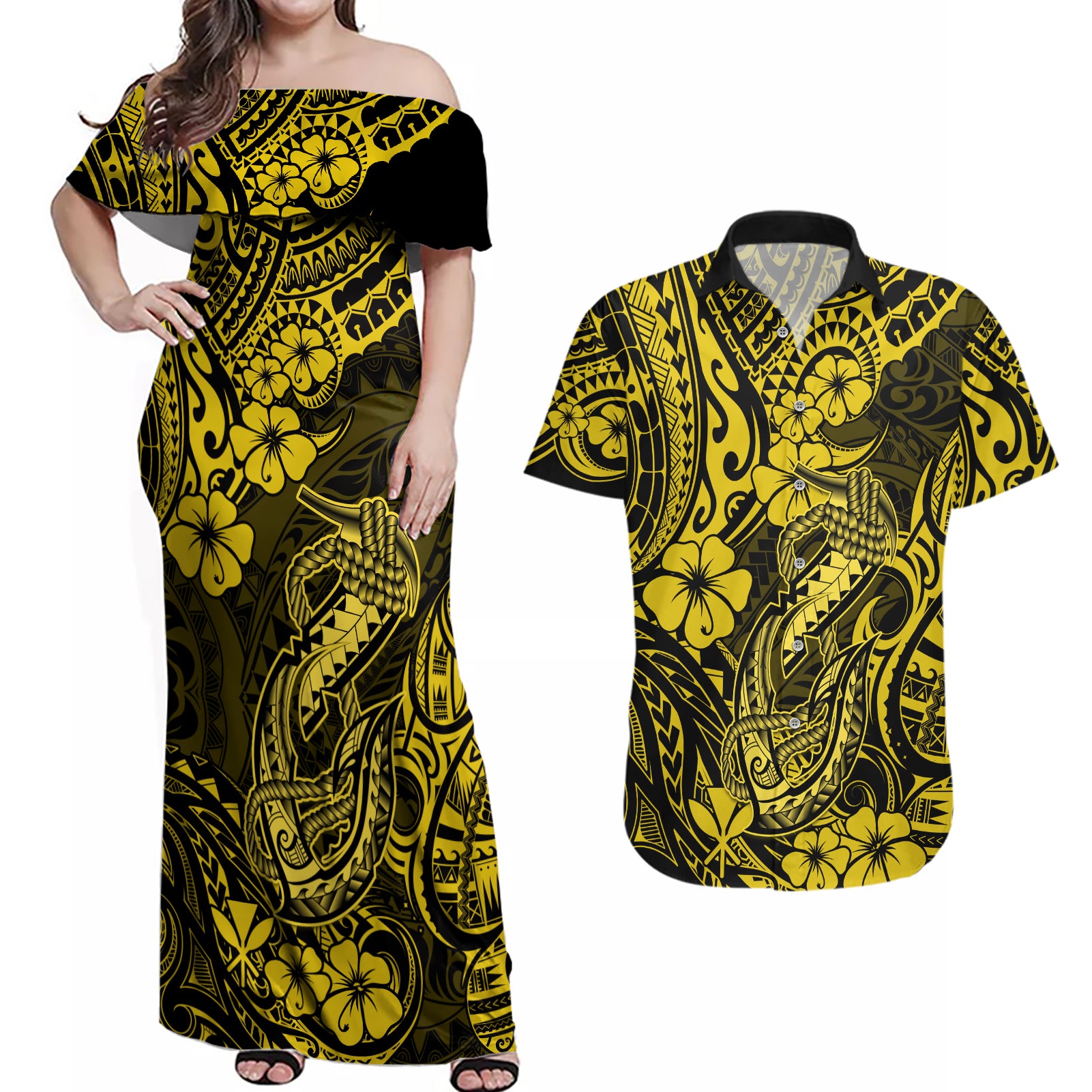 Hawaii Fish Hook Couples Matching Off Shoulder Maxi Dress and Hawaiian Shirt Hibiscus Hawaii Tribal Tattoo Yellow Version - Wonder Print Shop